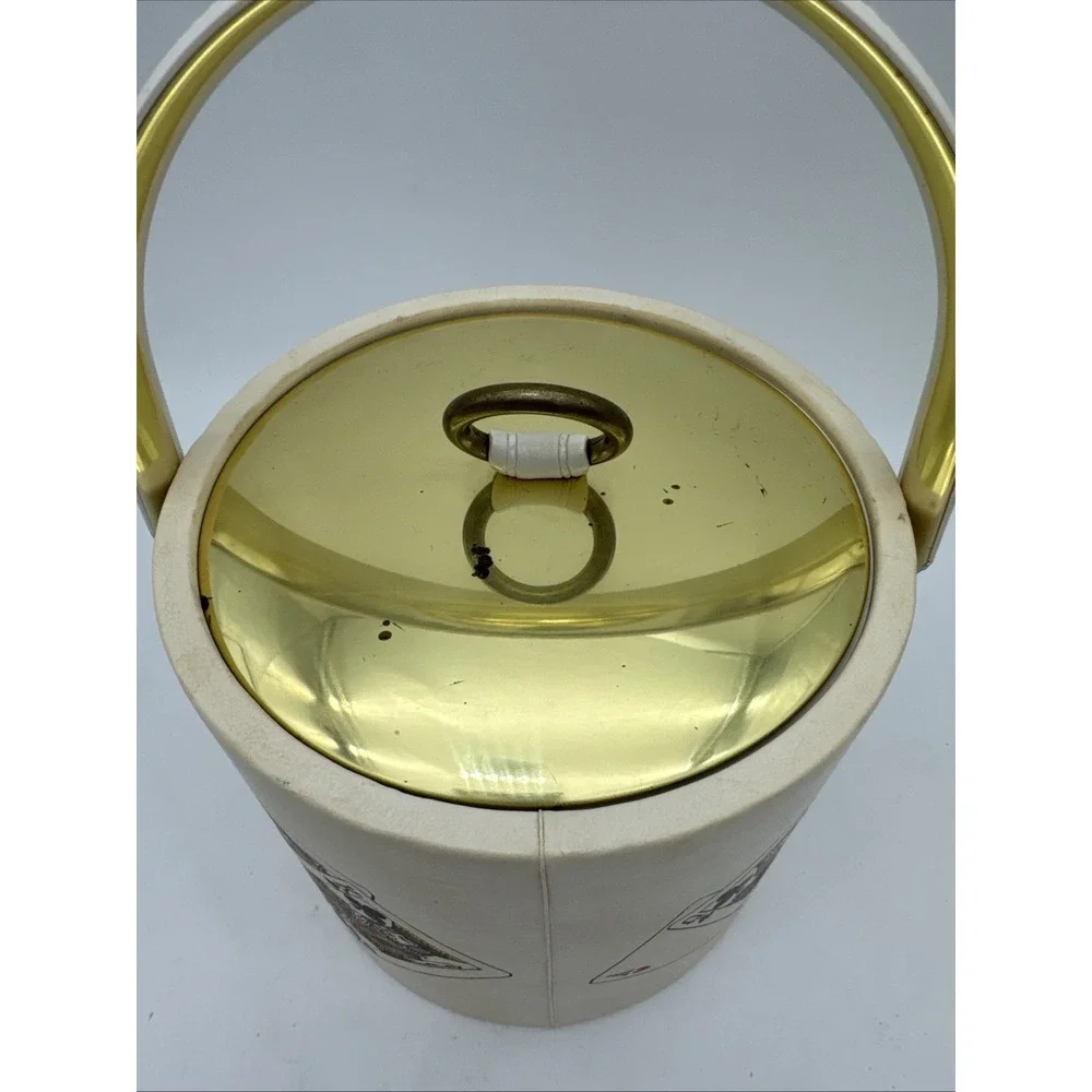 Vintage Kraftware Ice Bucket Cream With Gold Lid And Cards Made In USA